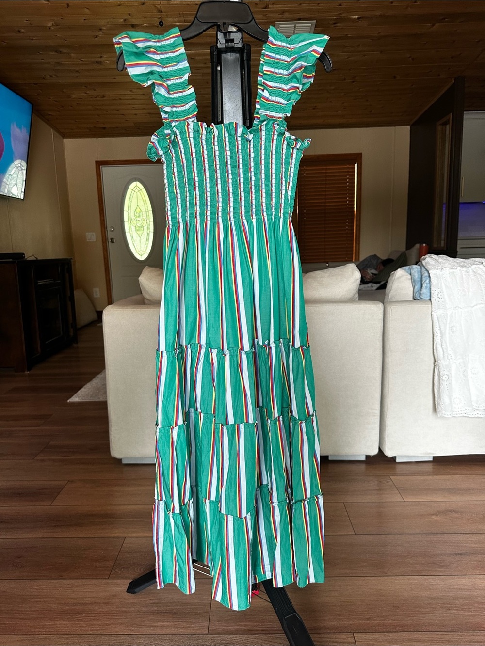 Hill House Green Multicolor Striped Ruffle-Shoulder Maxi Dress